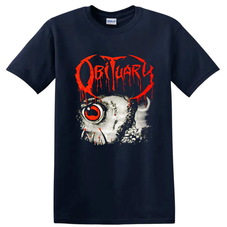 Obituary red dripping logo over skull artwork on black - Navy (Blue)