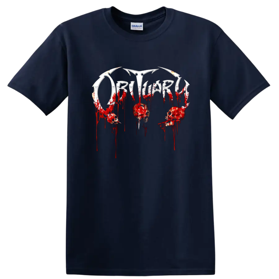 Obituary death metal logo with blood drips and skulls graphic print T - Navy (Blue)