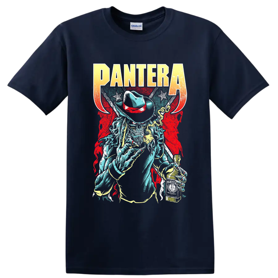 PANTERA graphic T shirt with cowboy skull, distressed lettering, and vintage rock metal - Navy (Blue)