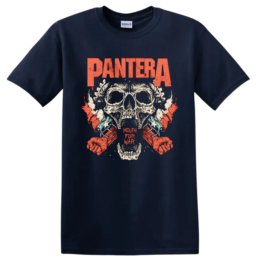 Pantera skull graphic print with distressed red heavy metal lettering T - Navy (Blue)