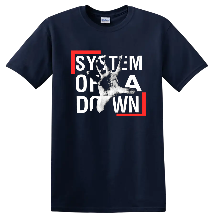 System of a Down graphic print with distressed text and hand on black T - Navy (Blue)