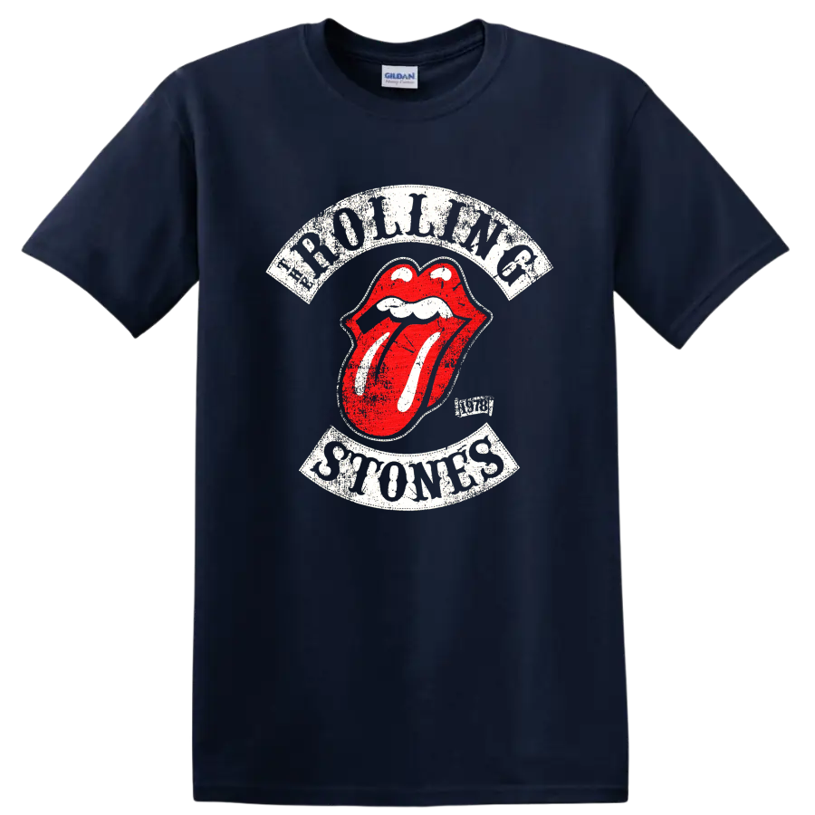 Distressed Rolling Stones tongue logo graphic print T shirt on a Navy (Blue) T Shirt