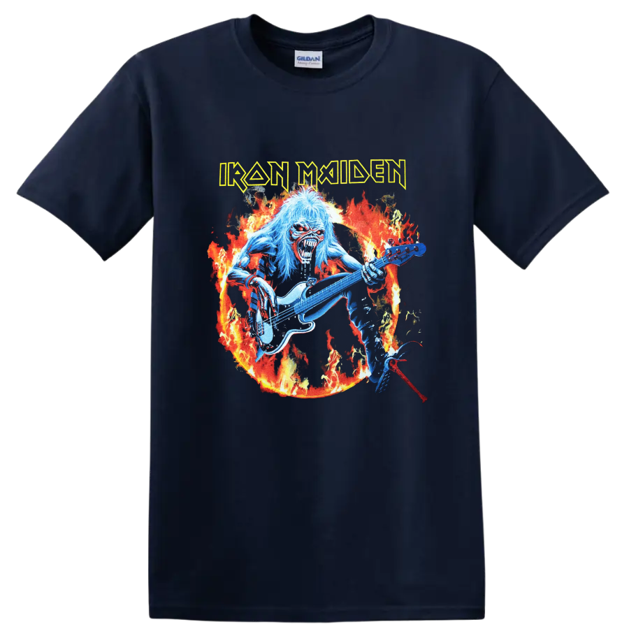 Iron Maiden Eddie guitarist in flames with distressed band logo artwork on a Navy (Blue) T Shirt