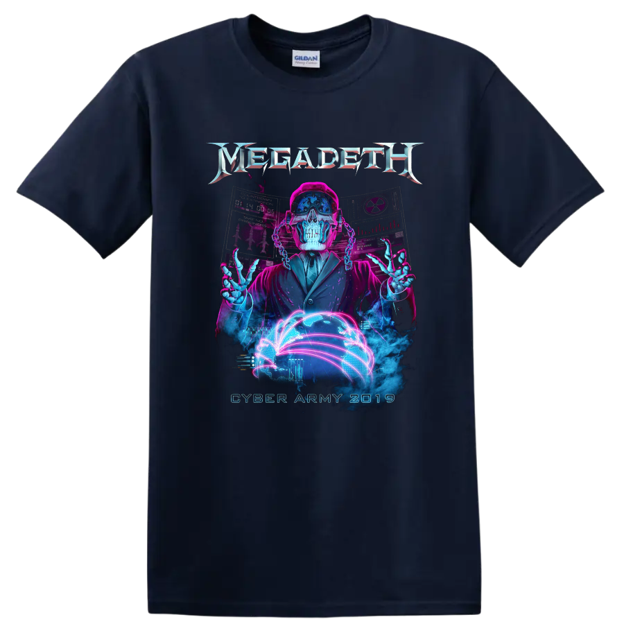 Vic Rattlehead Cyber Army neon cyberpunk skull with digital globe and Megadeth logo on a Navy (Blue) T Shirt