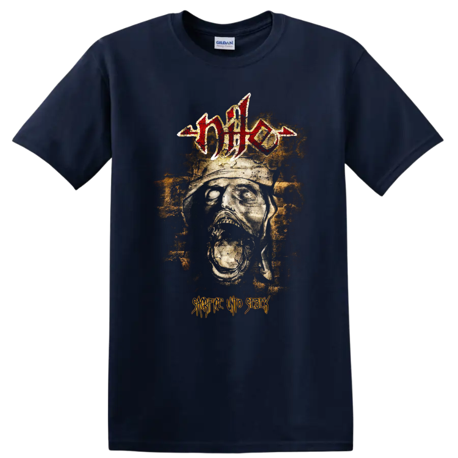 Nile logo above distressed skull artwork with Sacrifice Unto Sebek text on a Navy (Blue) T Shirt
