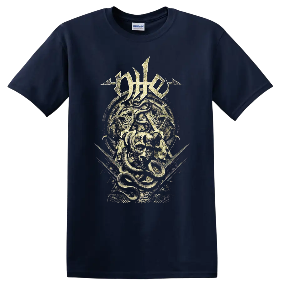 Nile death metal logo above a coiled snake, skull, and ancient Egyptian-style artwork on a Navy (Blue) T Shirt