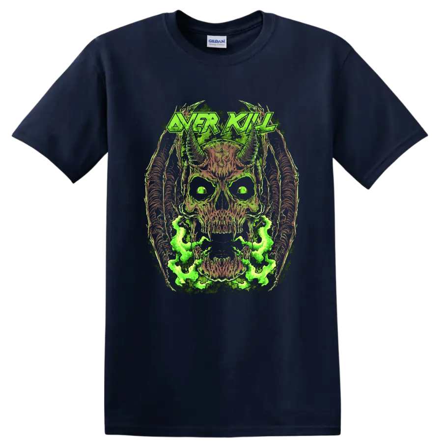 Overkill Chaly horned skull artwork with neon green smoke and distressed metal logo on a Navy (Blue) T Shirt