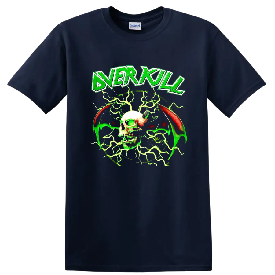 Overkill logo with horned skull, bat wings, and neon green lightning graphic on a Navy (Blue) T Shirt
