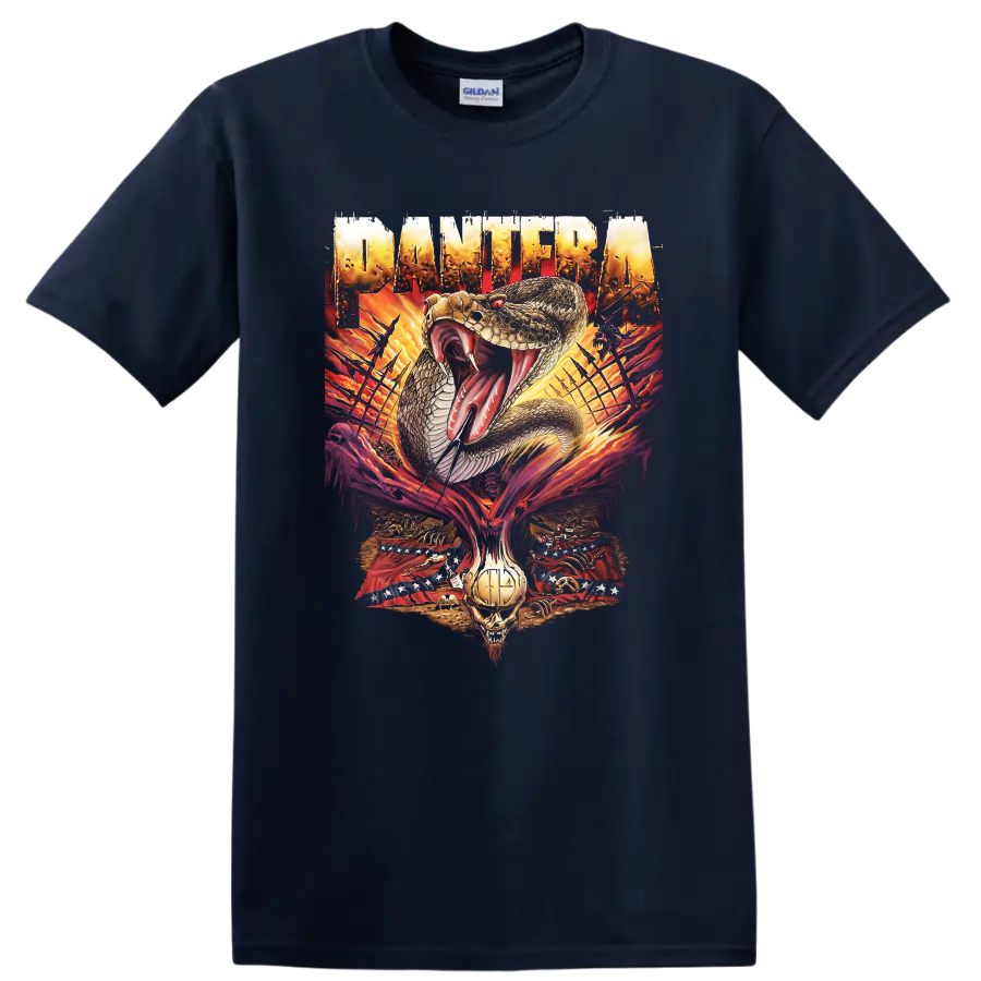 Pantera cobra, flames, skull, barbed wire, and distressed metal artwork on a Navy (Blue) T Shirt