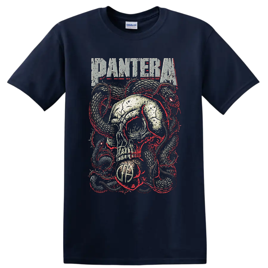 Pantera distressed skull and coiled snake heavy metal graphic with red accents on a Navy (Blue) T Shirt