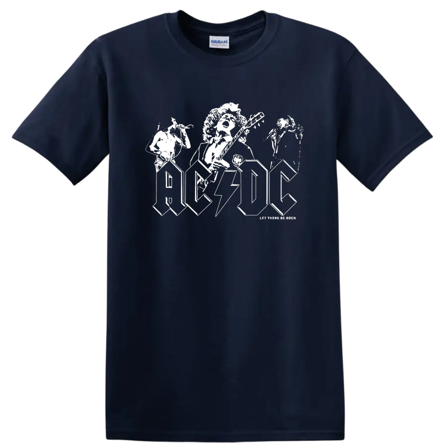 AC/DC Angus Young guitarist artwork with lightning logo and Let There Be Rock text on a Navy (Blue) T Shirt