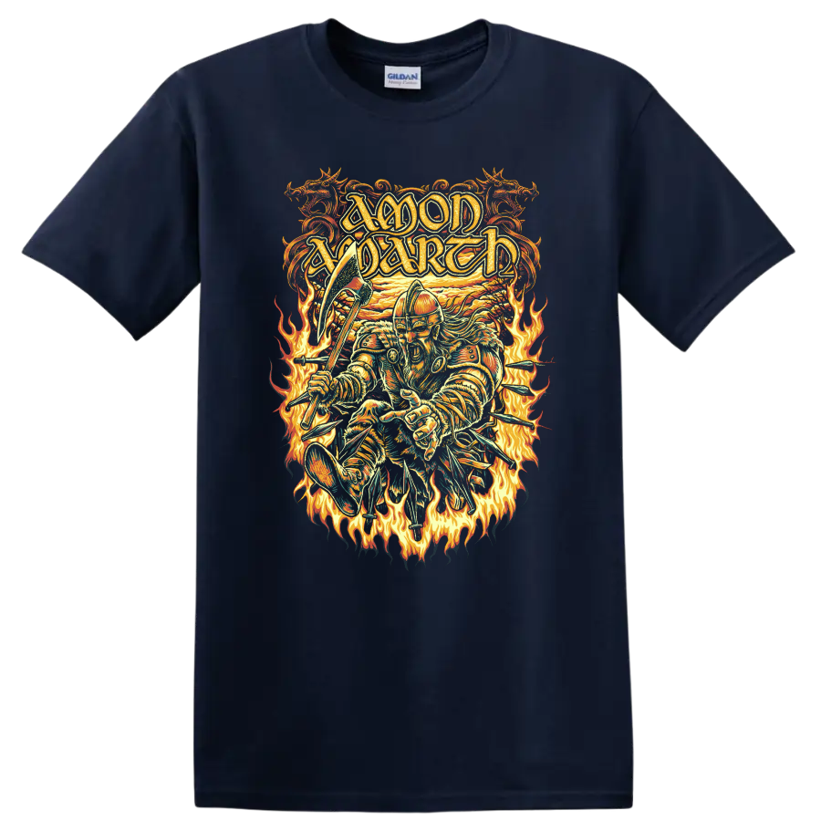 Amon Amarth Viking warrior with axe, arrows, and flames in ornate metal art on a Navy (Blue) T Shirt