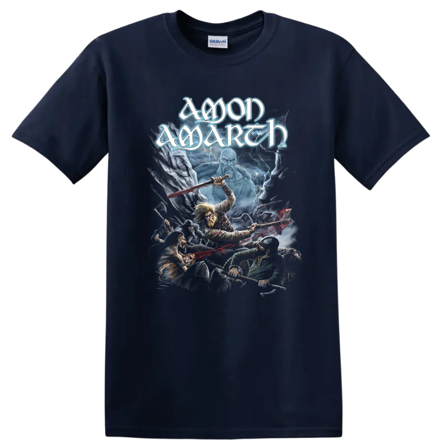 Amon Amarth logo above a lightning-lit Viking battle with Norse warriors on a Navy (Blue) T Shirt
