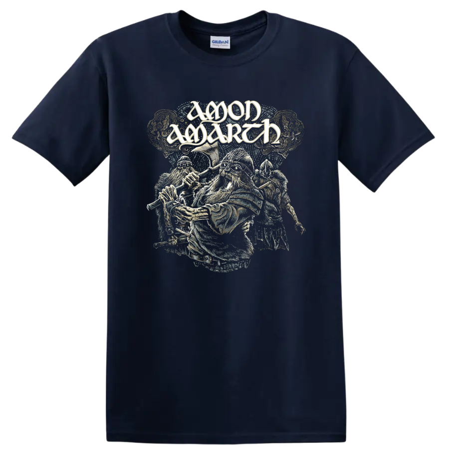 Amon Amarth logo above distressed Viking warriors with axes and armored helmets on a Navy (Blue) T Shirt