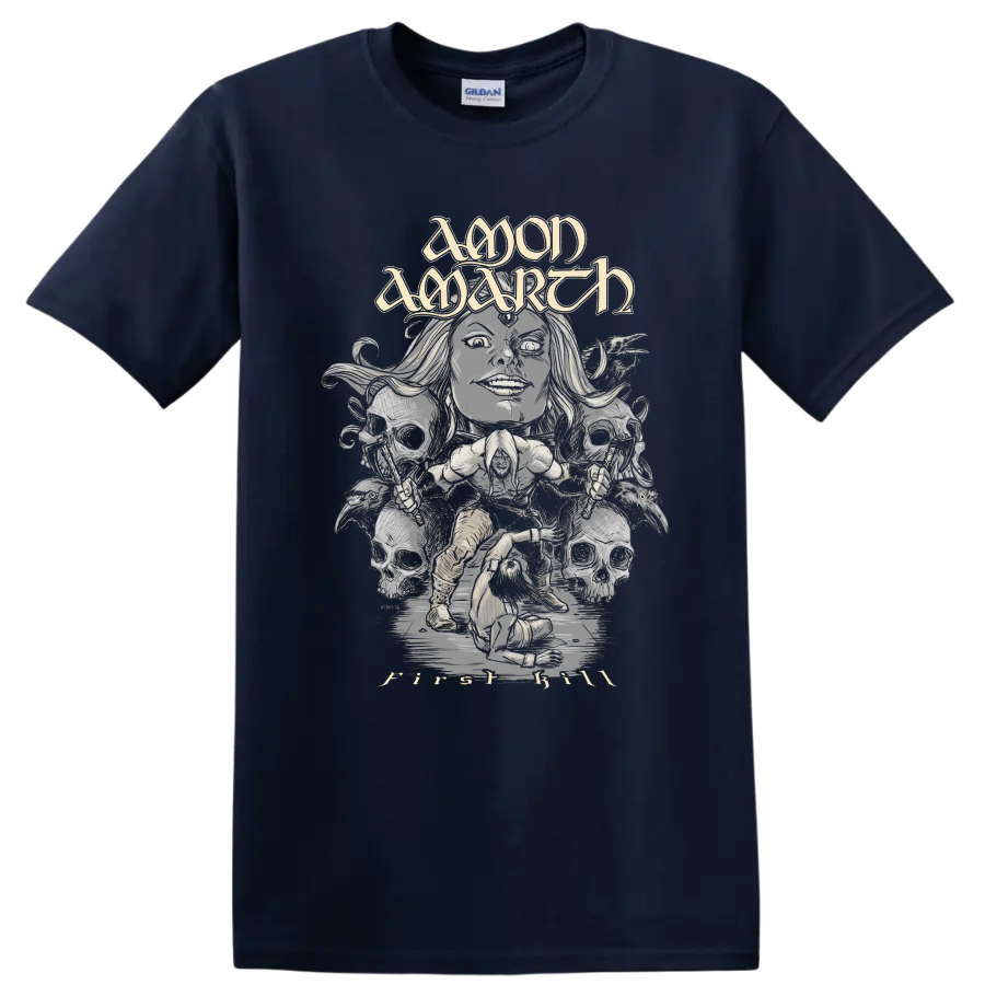 Amon Amarth First Kill Viking warrior and skulls in monochrome metal illustration on a Navy (Blue) T Shirt