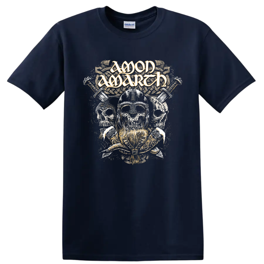 Amon Amarth logo above Viking helmet skulls, crossed weapons, and Norse knotwork on a Navy (Blue) T Shirt
