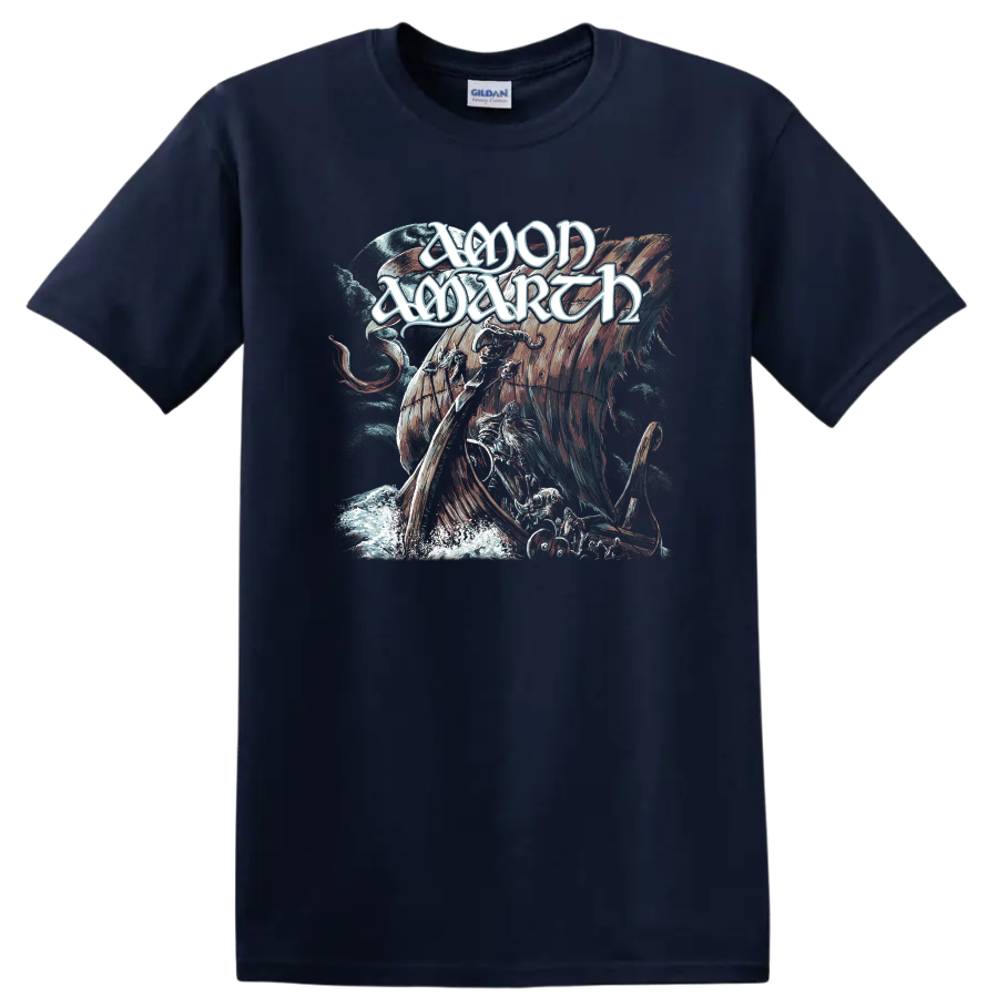 Amon Amarth Viking warrior, longship, raven, and moon in distressed metal art on a Navy (Blue) T Shirt