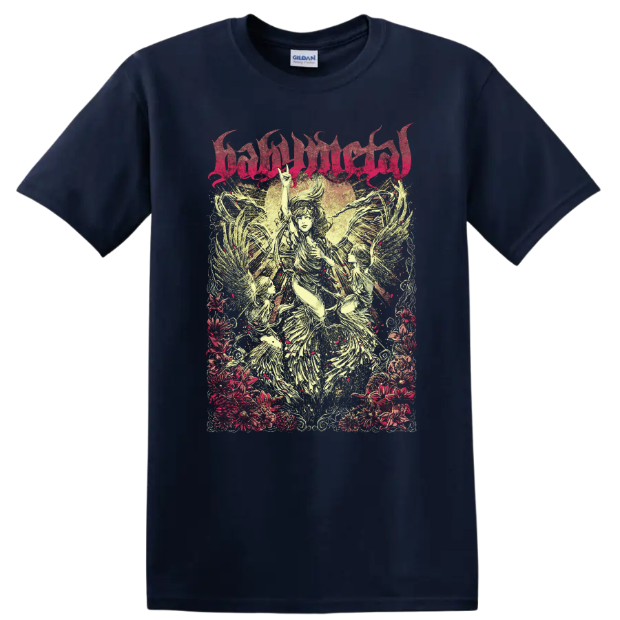 BABYMETAL angelic winged figures with floral border in distressed metal poster art on a Navy (Blue) T Shirt