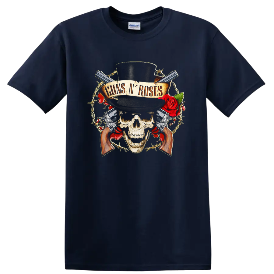 Guns N' Roses skull in top hat with red roses, revolvers, barbed wire, and banner on a Navy (Blue) T Shirt