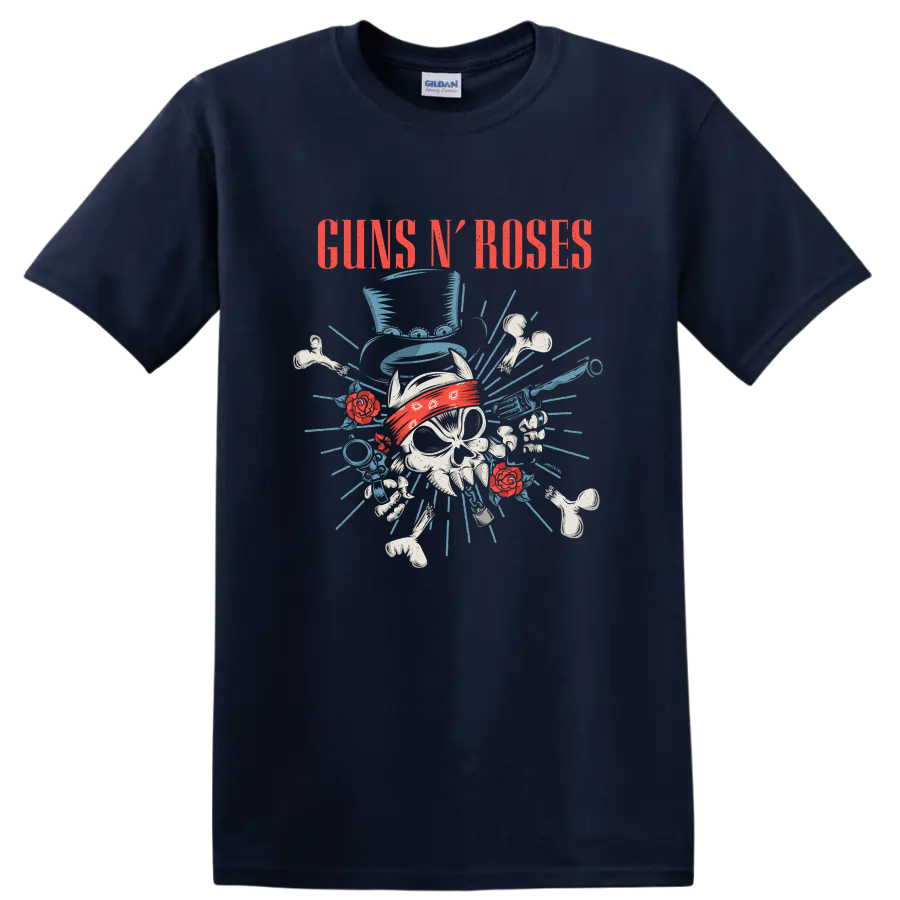 Guns N' Roses distressed skull with red bandana, roses, bones, and blue rays on a Navy (Blue) T Shirt