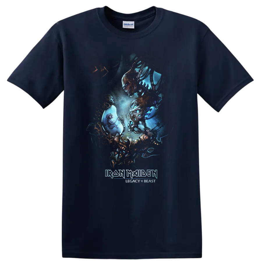 Iron Maiden Legacy of the Beast Eddie skeletal dark fantasy metal artwork on a Navy (Blue) T Shirt