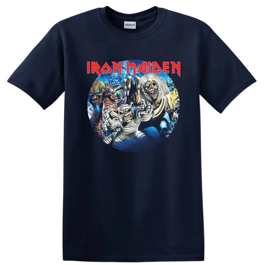 Iron Maiden Eddie horror collage with lightning, monsters, and red logo on a Navy (Blue) T Shirt