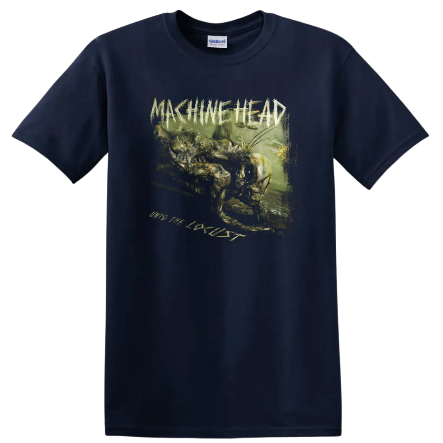 Machine Head Unto the Locust distressed green creature metal artwork on a Navy (Blue) T Shirt