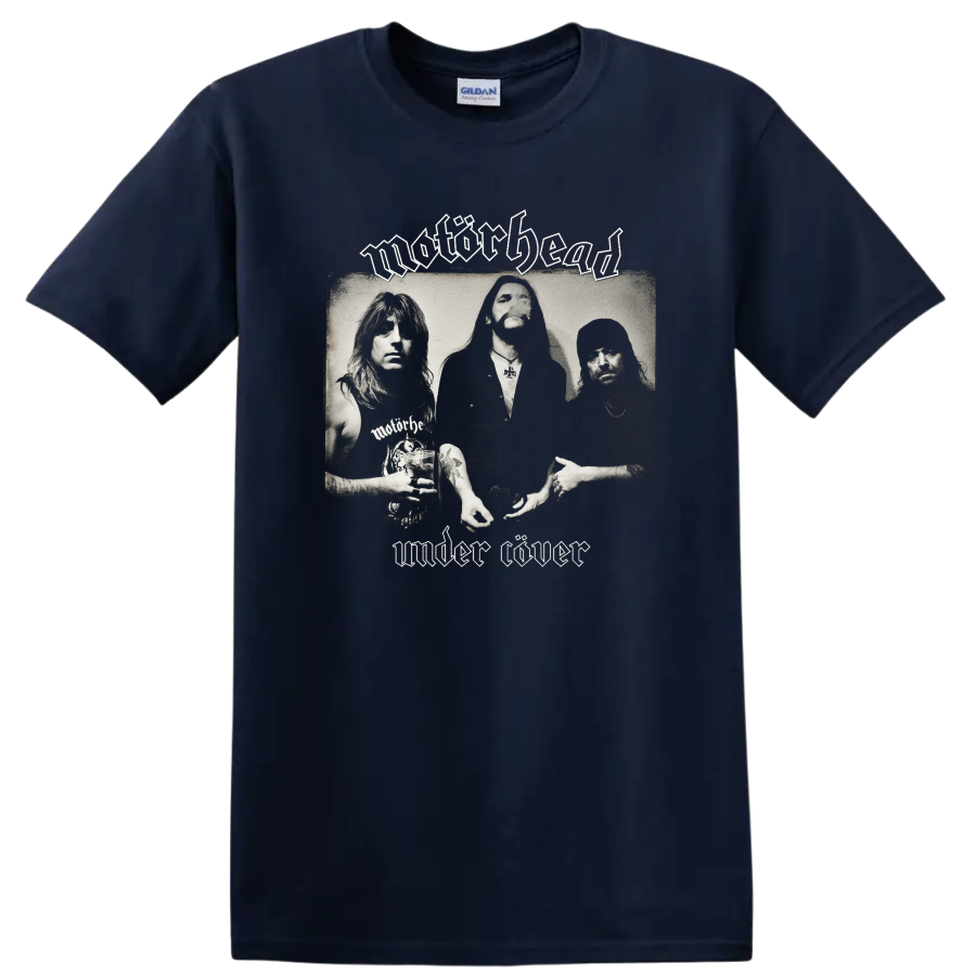 Motörhead Under Cöver black-and-white band portrait with gothic logo lettering on a Navy (Blue) T Shirt