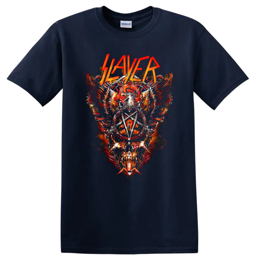 Slayer logo over flaming skull, wings, serpents, swords, and pentagram metal artwork on a Navy (Blue) T Shirt