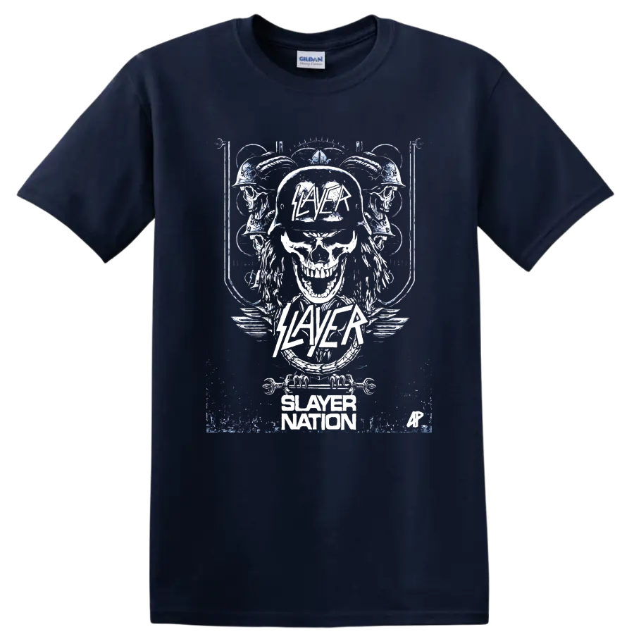 Distressed Slayer skull graphic with helmet, mirrored skulls, wings, and Slayer Nation on a Navy (Blue) T Shirt