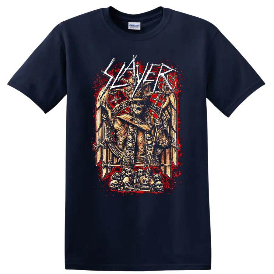 Slayer Haunting the Chapel skeletal warrior with skulls, blades, and distressed red on a Navy (Blue) T Shirt