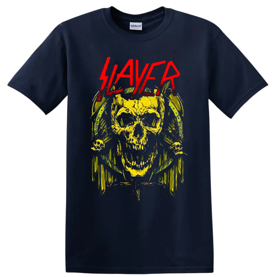 Distressed yellow skull with red Slayer lettering and dark heavy metal horror art on a Navy (Blue) T Shirt