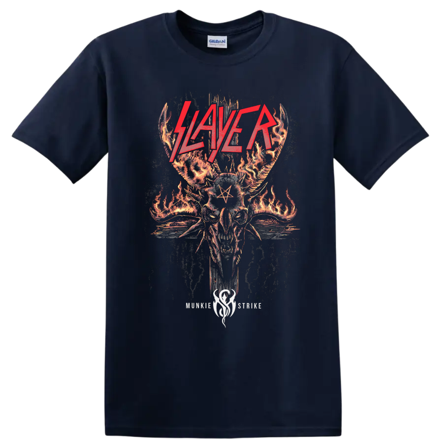 Slayer Skullagramm flaming horned skull with red logo and pentagram on a Navy (Blue) T Shirt