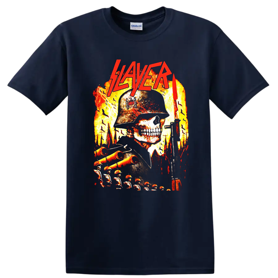 Slayer skull soldier graphic with flames, rifle, battlefield, and red logo on a Navy (Blue) T Shirt