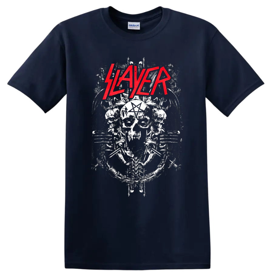 Slayer red logo above distressed skull, pentagram, chains, and spikes metal artwork on a Navy (Blue) T Shirt
