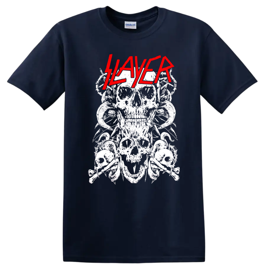 Slayer red logo over distressed white skull collage in heavy metal line-art style on a Navy (Blue) T Shirt