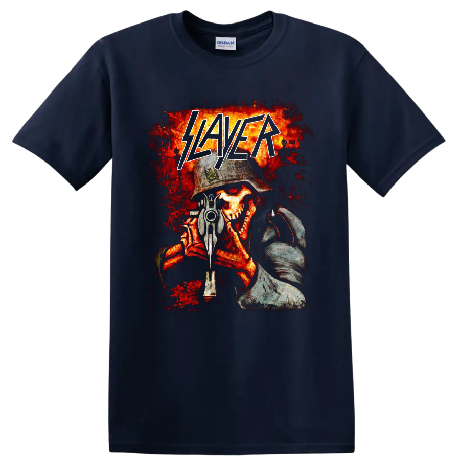 Slayer logo over helmeted skull soldier with gun and fiery battlefield artwork on a Navy (Blue) T Shirt