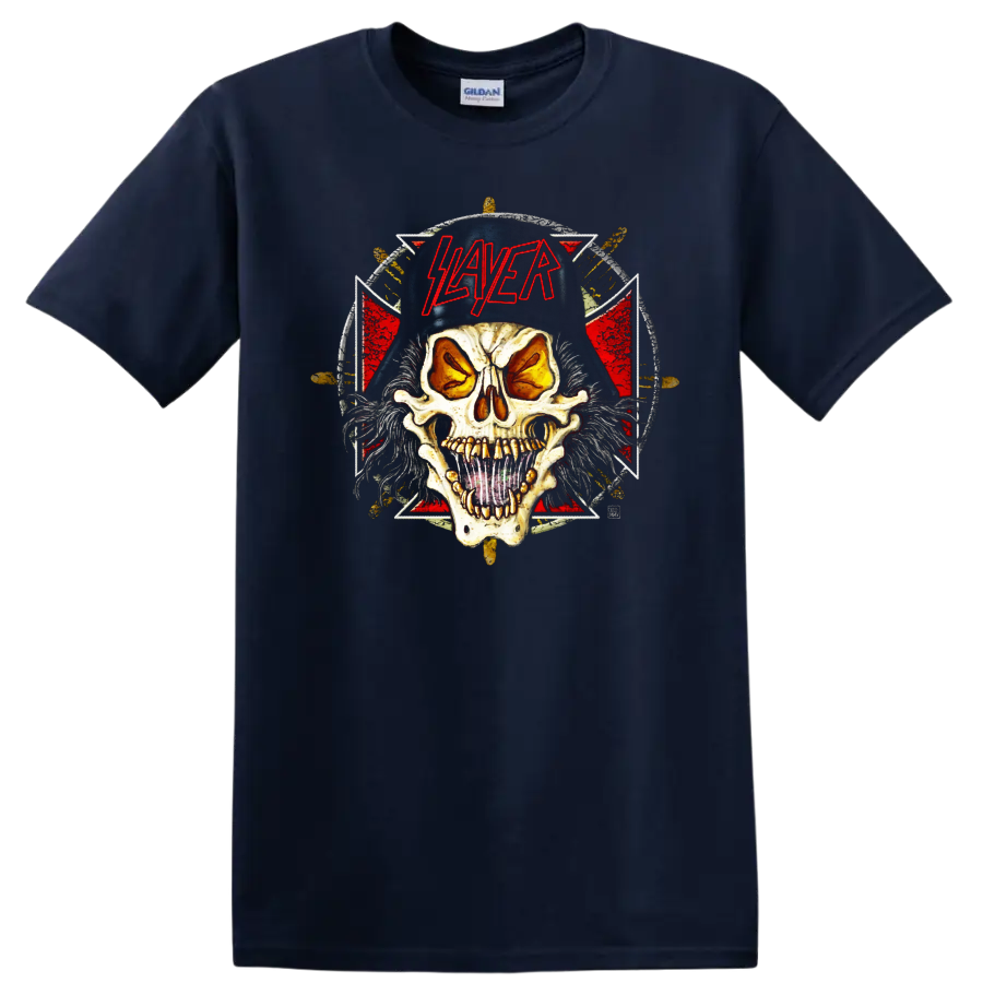 Slayer Slaytanic Wehrmacht skull with red logo and distressed metal backdrop on a Navy (Blue) T Shirt