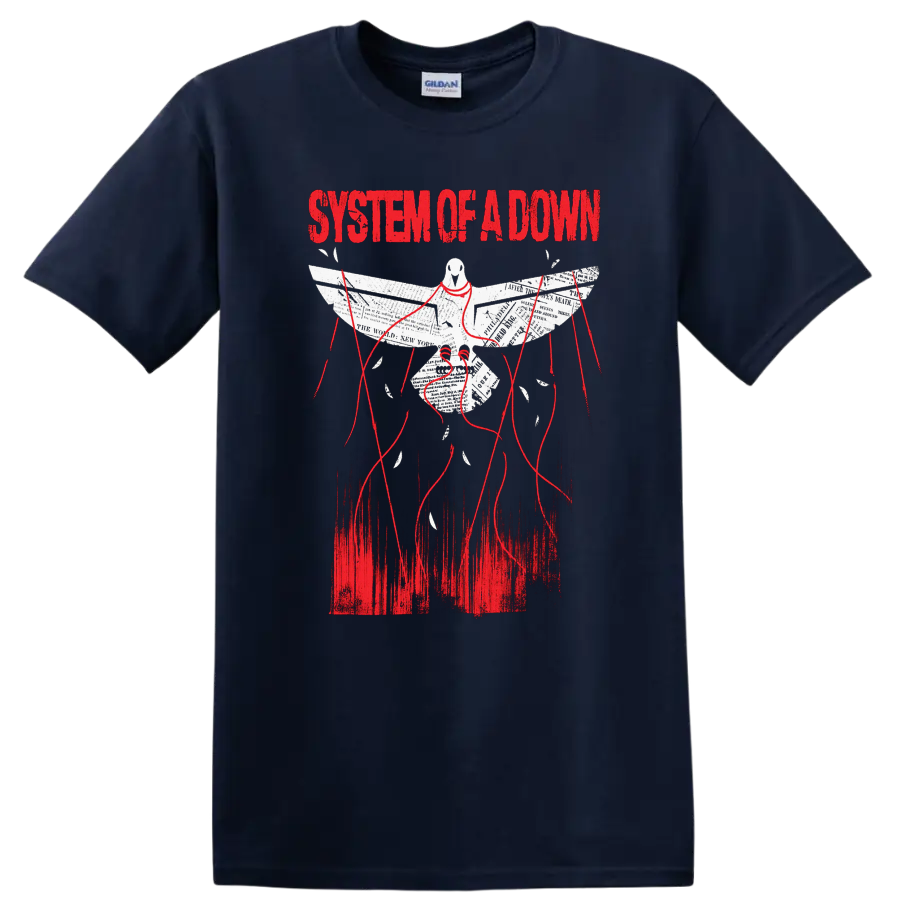 System of a Down distressed dove with newspaper wings, red threads, and bold red lettering on a Navy (Blue) T Shirt