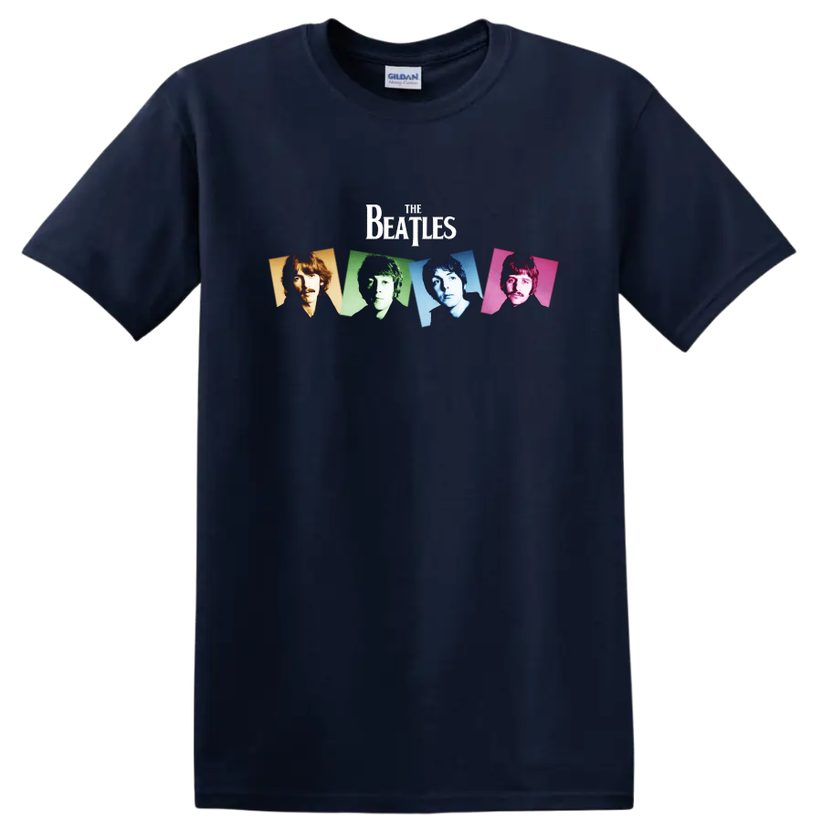 The Beatles four-panel pop art portraits in orange, green, blue, and pink on a Navy (Blue) T Shirt