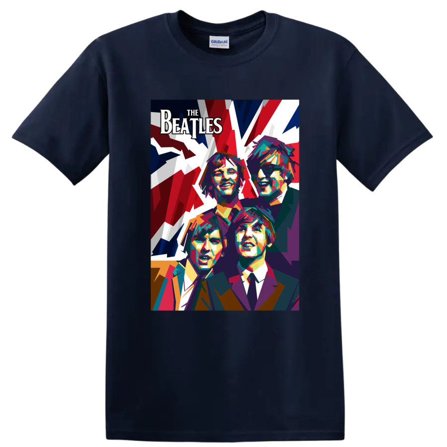 The Beatles colorful geometric pop-art portraits with bold red, white, and blue backdrop on a Navy (Blue) T Shirt