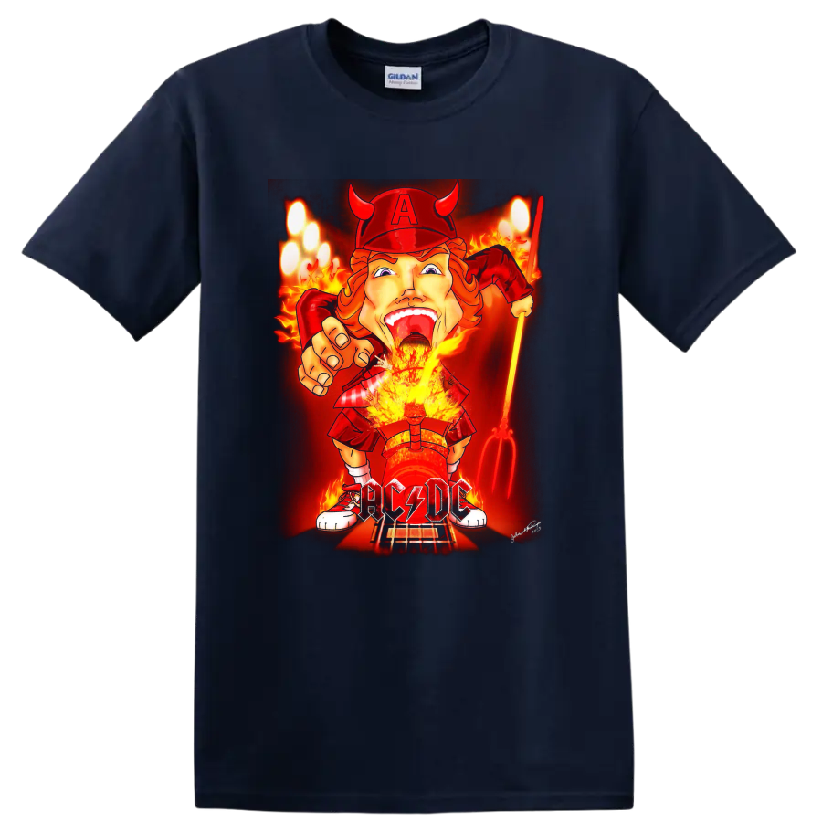 Angus Young AC/DC devil rocker cartoon with flames, guitar, and lightning lettering on a Navy (Blue) T Shirt