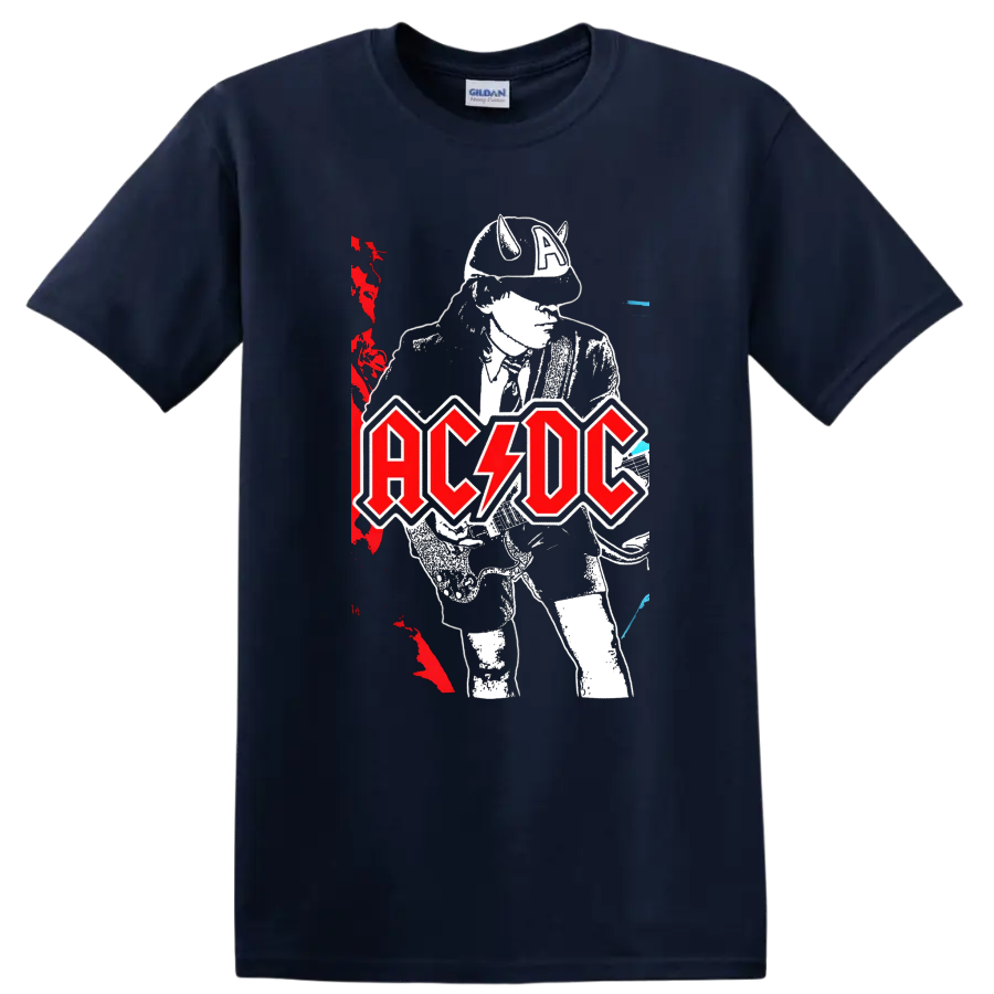 Angus Young guitar illustration with distressed AC/DC logo and concert poster accents on a Navy (Blue) T Shirt