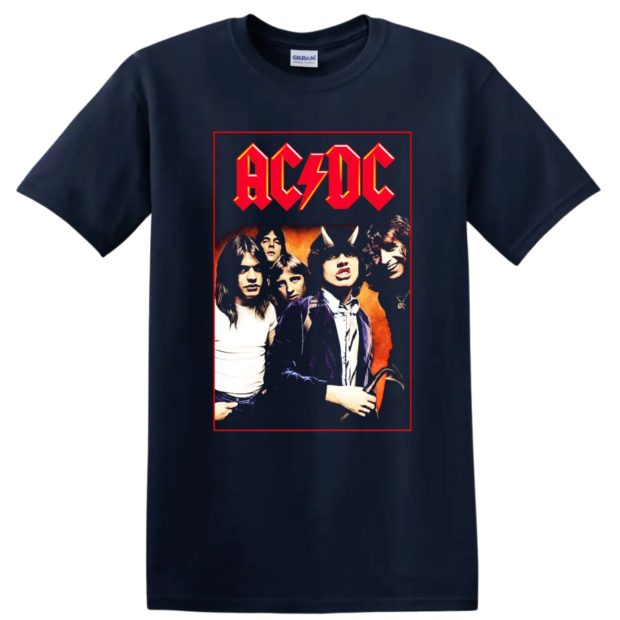 AC/DC band portrait with Angus Young devil horns and red lightning logo on a Navy (Blue) T Shirt