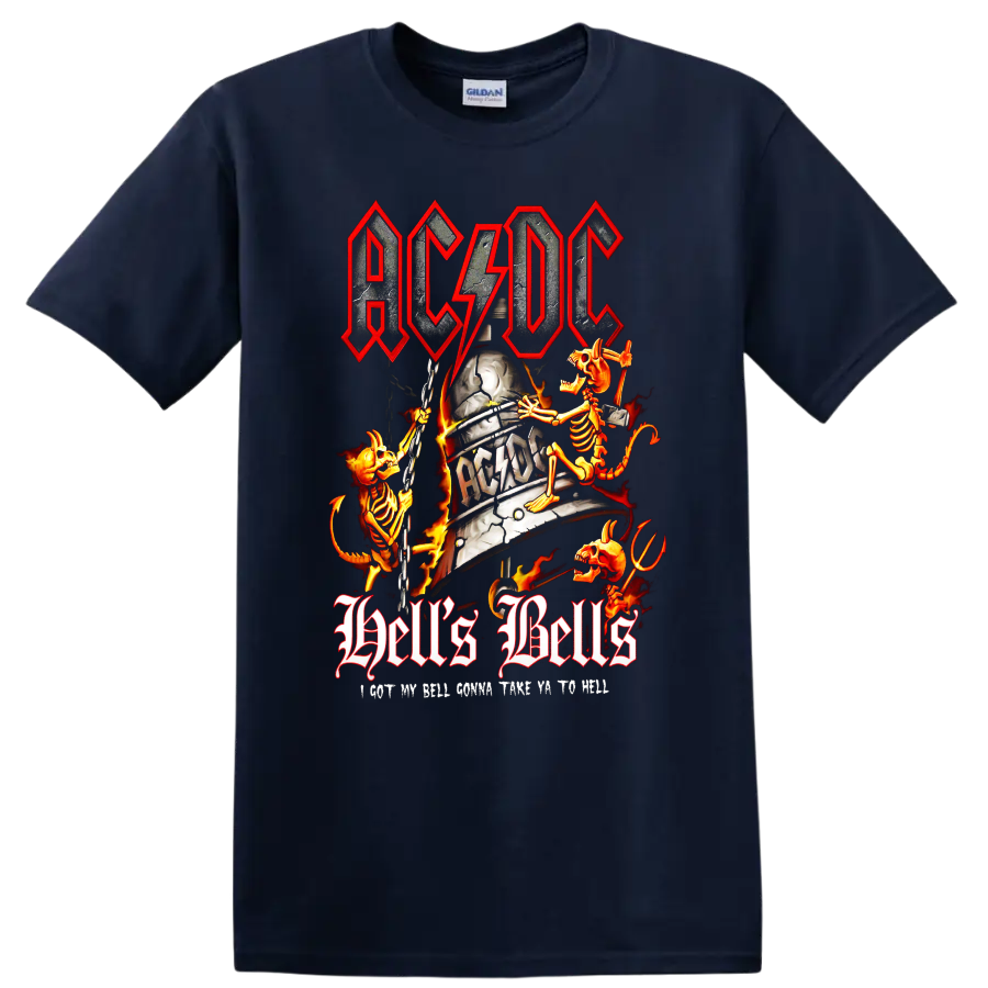 AC/DC Hell's Bells cracked bell with flaming skeletons, chains, lightning, and flames on a Navy (Blue) T Shirt