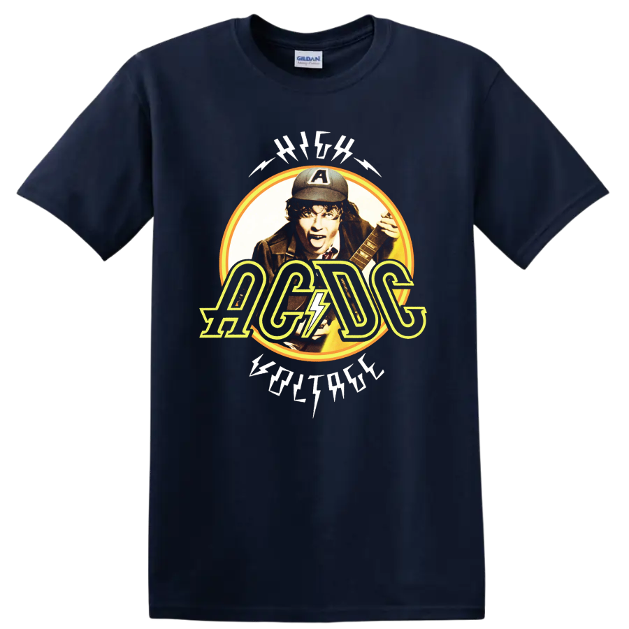 Angus Young AC/DC High Voltage vintage guitar portrait with lightning logo on a Navy (Blue) T Shirt