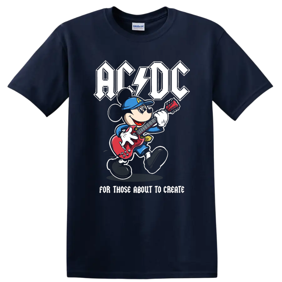 Mickey Mouse playing red electric guitar beneath AC/DC lettering in distressed rock art on a Navy (Blue) T Shirt