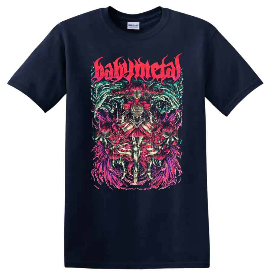 BABYMETAL neon fantasy warrior graphic with mirrored armored figures and flame motifs on a Navy (Blue) T Shirt