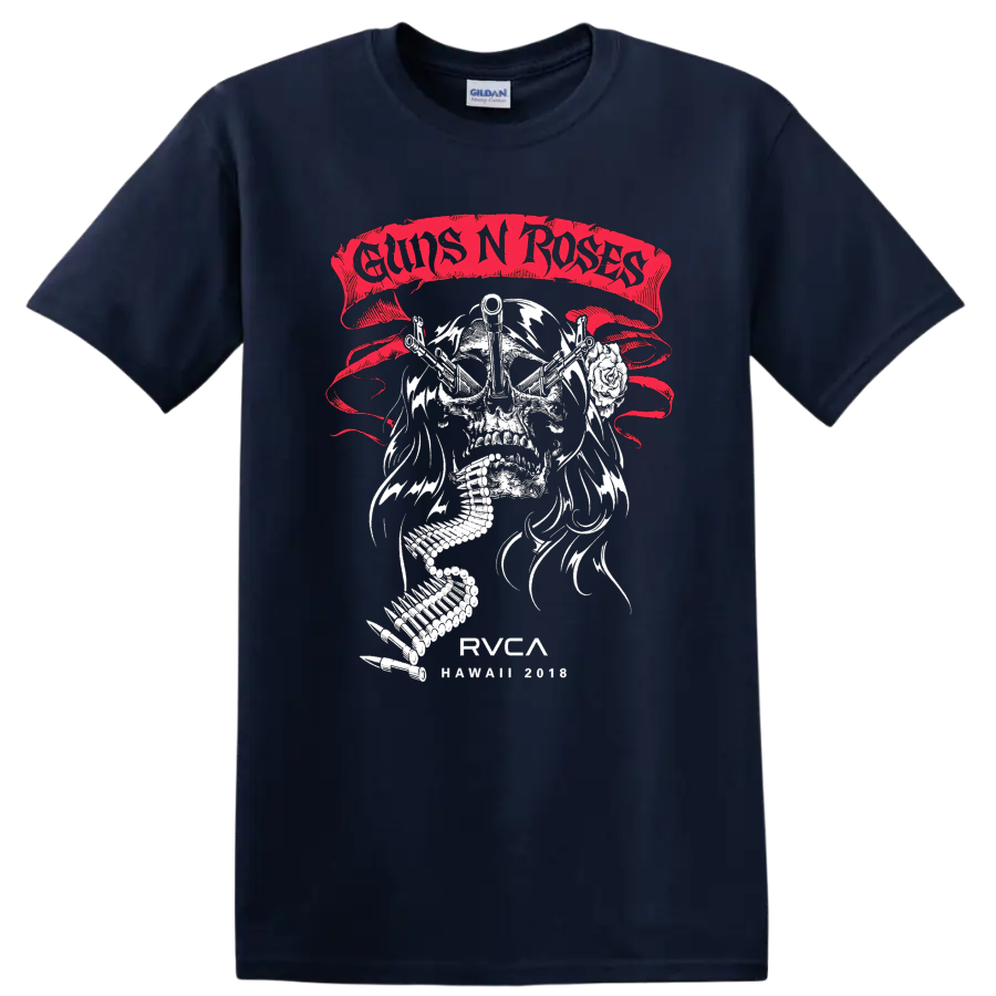 Guns N Roses skull with crossed guns, rose, ammo belt, and distressed red banner on a Navy (Blue) T Shirt
