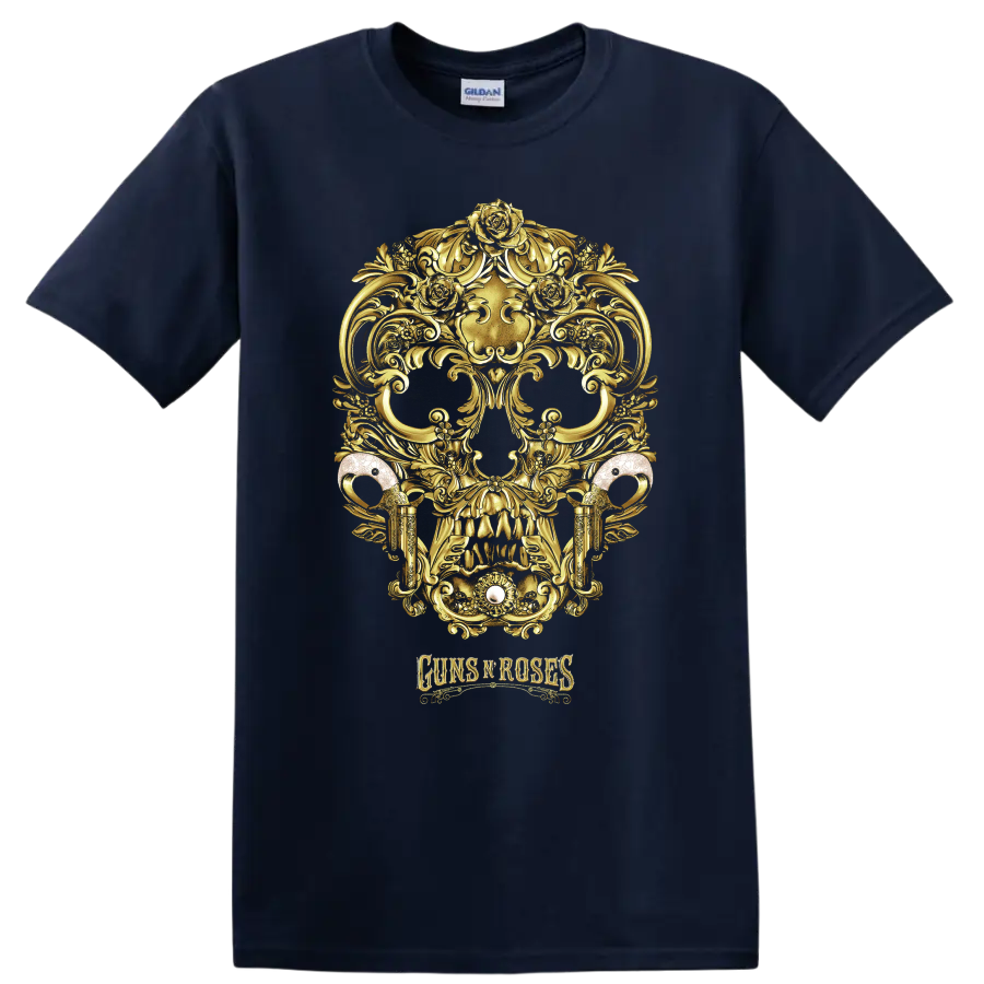 Guns N Roses gold skull with roses and ornate gothic baroque scrollwork on a Navy (Blue) T Shirt
